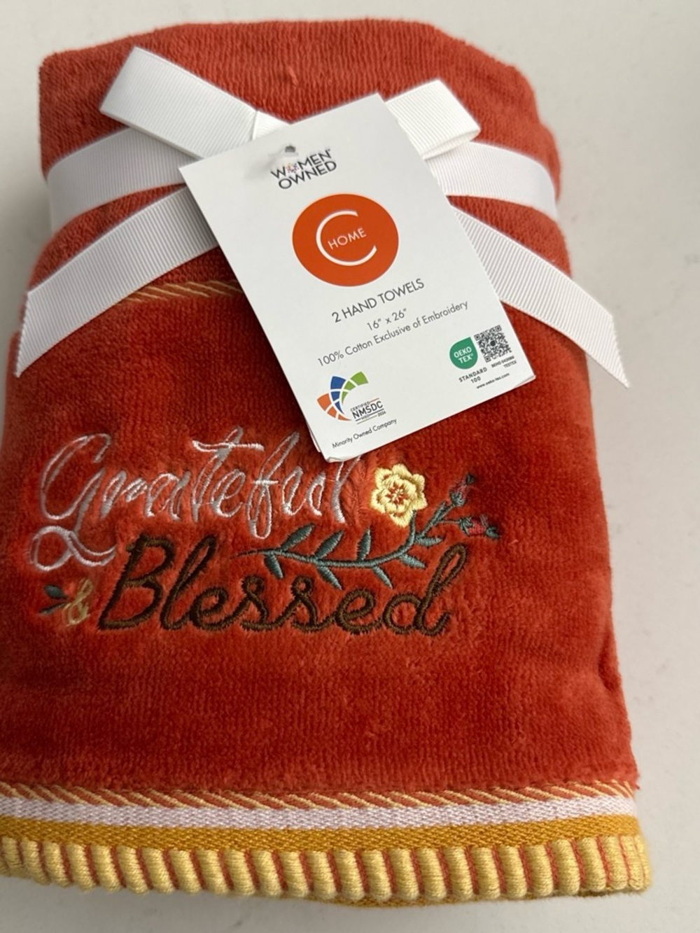 Rust 'Grateful & Blessed' Embroidered Hand Towels - Pack of 2